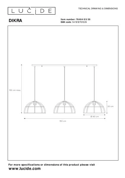 Lucide DIKRA - Pendant light - Ø 40 cm - 3xE27 - Black - technical